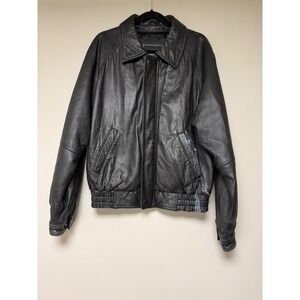 Trek New York Black Leather‎ Bomber Jacket Menswear Casual Retro Style
